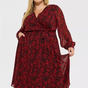 **SALE** Midi Crinkle Chiffon Surplice Balloon Sleeve Dress 3X